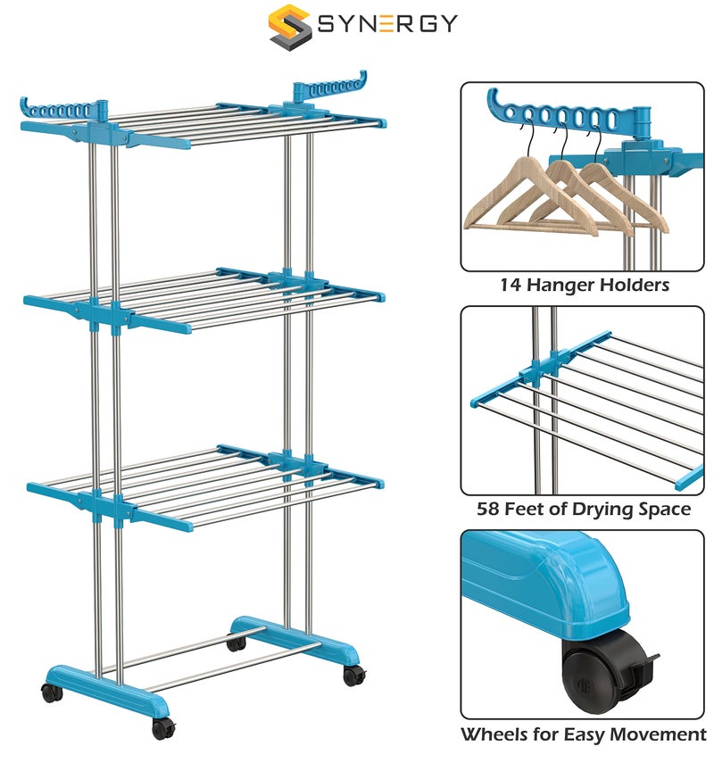 Synergy - Premium Heavy Duty Stainless Steel Clothes Drying Stand | Cloth Dryer Stand | Cloth Stand for Drying Clothes Foldable | Cloth Hanging Stand | Cloth Drying Stand (3-Tier) Blue - SY-CS19 - Image 3