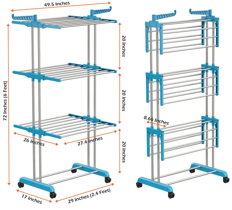 Synergy - Premium Heavy Duty Stainless Steel Clothes Drying Stand | Cloth Dryer Stand | Cloth Stand for Drying Clothes Foldable | Cloth Hanging Stand | Cloth Drying Stand (3-Tier) Blue - SY-CS19 - Image 5