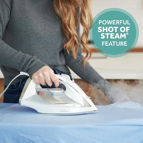 Sunbeam Turbo Steam Iron, 1700 Watt, Nonstick Ceramic Soleplate, Horizontal or Vertical Shot of Steam, Quick Heating, 3-Way Auto-Off, White and Chrome,9.3"L x 3.7"W - Image 2
