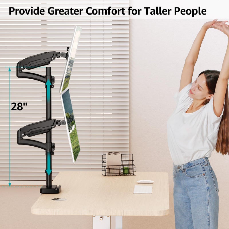 MOUNT PRO Vertical Dual Monitor Mount, Stacked Monitor Stand for 2 Computer Screens up to 32 inches, Fully Adjustable Full Motion Display Desk Mount, Each Arm Holds up to 17.6lbs, VESA Mount - Image 3