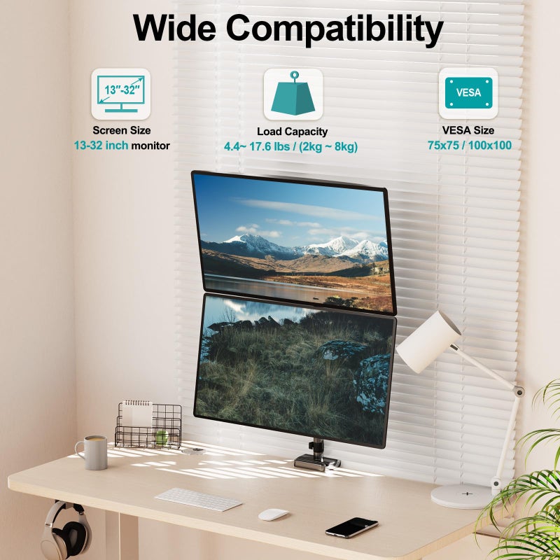 MOUNT PRO Vertical Dual Monitor Mount, Stacked Monitor Stand for 2 Computer Screens up to 32 inches, Fully Adjustable Full Motion Display Desk Mount, Each Arm Holds up to 17.6lbs, VESA Mount - Image 2