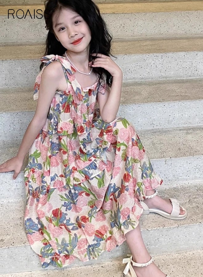 roaiss Girls Stylish Spaghetti Strap Dress, Sleeveless Floral Dress, Casual Sundress for Little Girls, Suit for Daily Wear or Any Occasion - Image 3