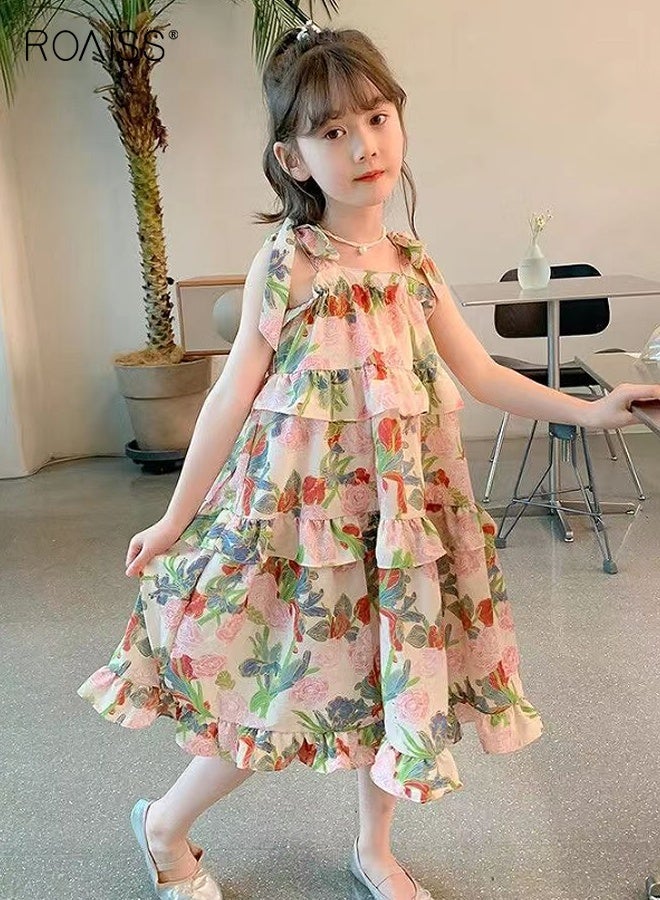 roaiss Girls Stylish Spaghetti Strap Dress, Sleeveless Floral Dress, Casual Sundress for Little Girls, Suit for Daily Wear or Any Occasion - Image 2