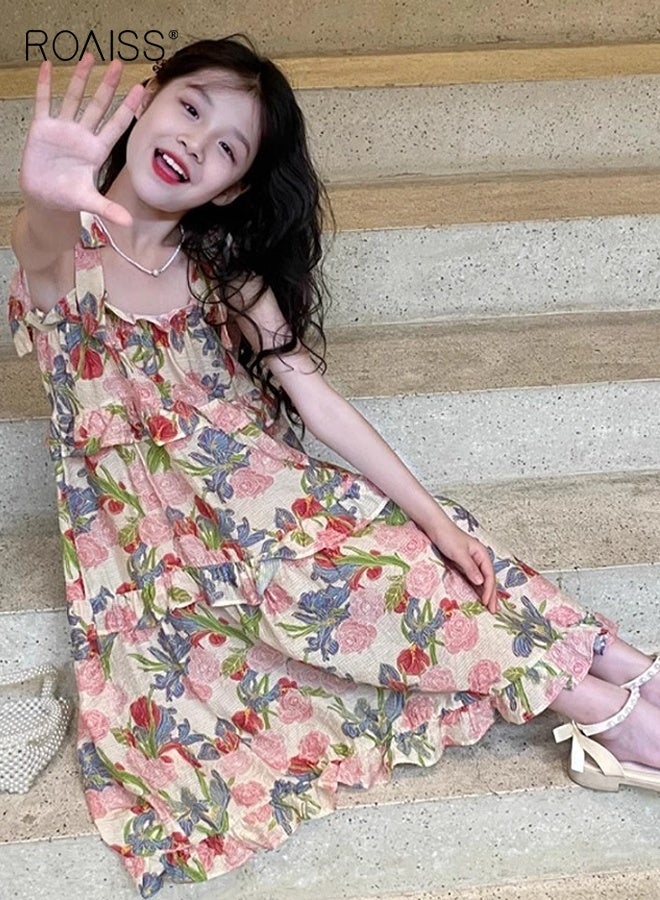 roaiss Girls Stylish Spaghetti Strap Dress, Sleeveless Floral Dress, Casual Sundress for Little Girls, Suit for Daily Wear or Any Occasion - Image 1