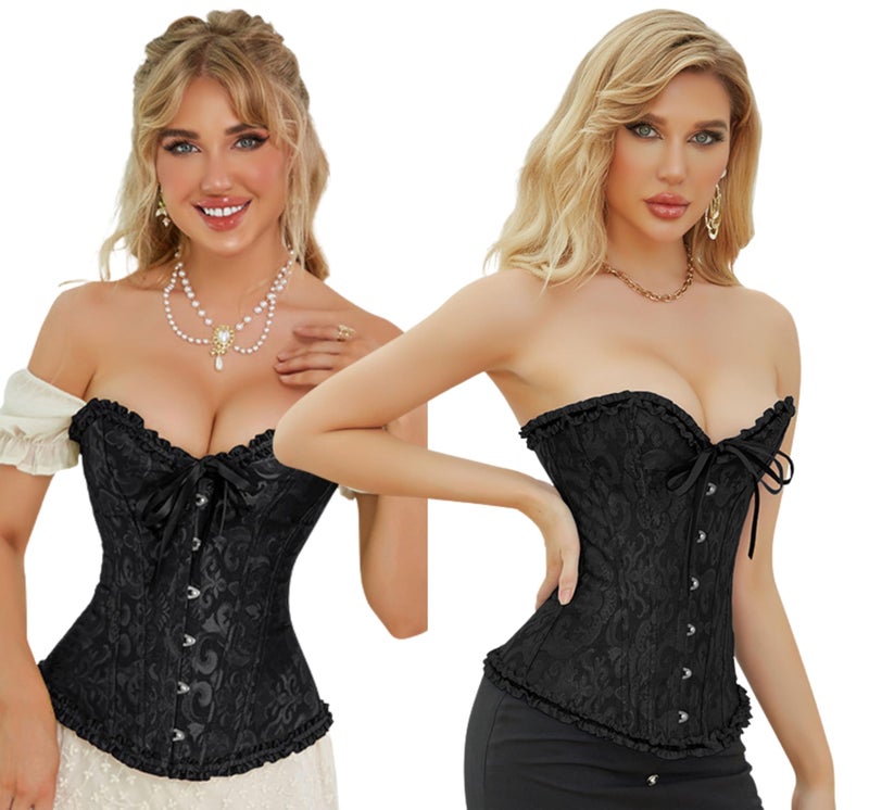 Fabme Lace Up Floral Jacquard Solid Fish Boned satin overbust Corsets Boned Overbust Corset Bustier Lingerie Bodyshaper Top Pleated Corselet Waist Bustier Top - Image 5