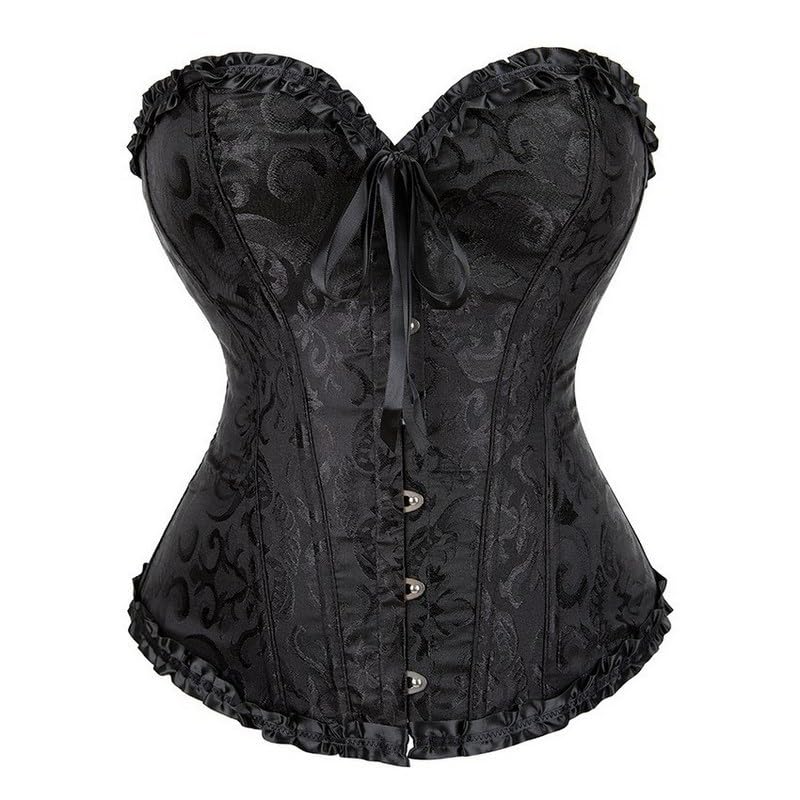Fabme Lace Up Floral Jacquard Solid Fish Boned satin overbust Corsets Boned Overbust Corset Bustier Lingerie Bodyshaper Top Pleated Corselet Waist Bustier Top - Image 1