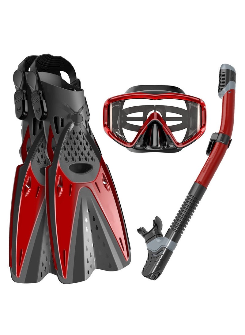 SYOSI Mask Fins Snorkeling Gear for Adults Men Women Panoramic View Diving Mask Anti-Fog Dry Top Snorkel Adjustable Freediving Swimming Fins Flippers Travel Bags for Lap Swimming Snorkeling Swimming  - Image 1