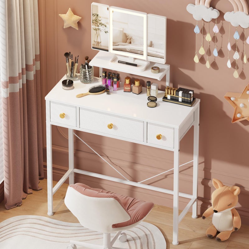HIGDBFE Small Makeup Vanity Desk 275W with Mirror and Lights Vanity Desk with 3 Fabric Drawers and HeightAdjustable Stand Vanity Table for Girls Gifts Bedroom and Small Spaces White