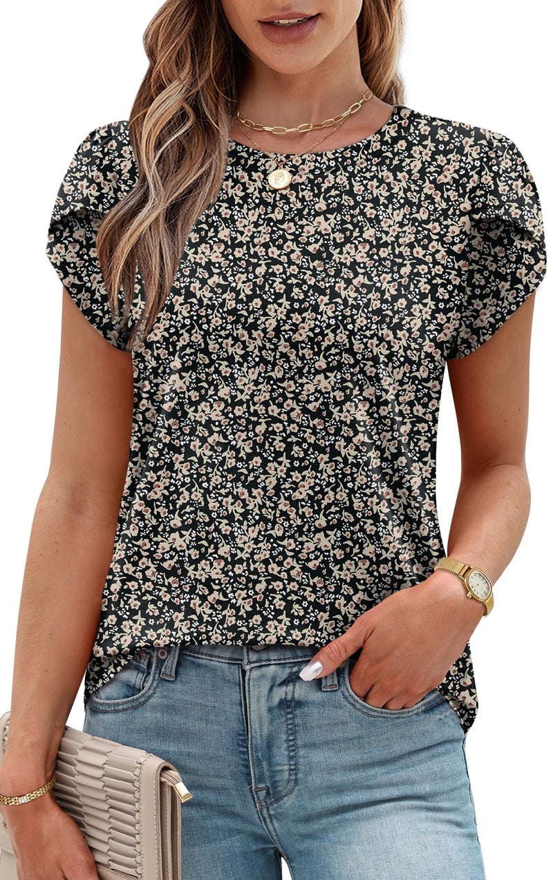 OFEEFAN Womens Plus Size Tops Blouses for Women Dressy Casual Womens Tops Short Sleeve Shirts Spring Outfits 2026 Black Floral L - Image 2