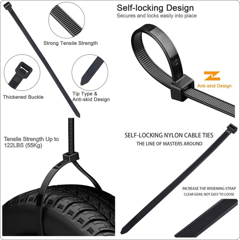 SHIVANSH TECHNOLOGY® Teeth Grip Nylon Self Locking Zip Cable Ties, Black(300 mmx7.6 mm,12" inch,Pack of 100)Multi-Purpose Heavy Duty Cord Management Ties,Plastic Ties for Home,Office,Garden,Workshop. - Image 2