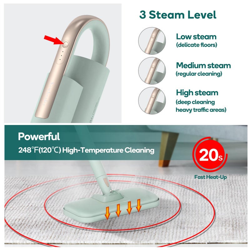 Newbealer Steam Mop & Detachable Handheld Cleaner, 250ml 1200W Powerful Floor Steamer, 3 Adjustable Levels for Carpet Laminate Hardwood Grout, Carpet Glider, 11 Multi-purpose Accessories & 2 Pads - Image 2