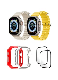Silicone Ocean Band Strap for Apple Watch Ultra 8 49mm Pearl White/Yellow , Case Compatible with Apple Watch Ultra 49mm Red/Transparent , 2* pcs Watch glass Set of 6