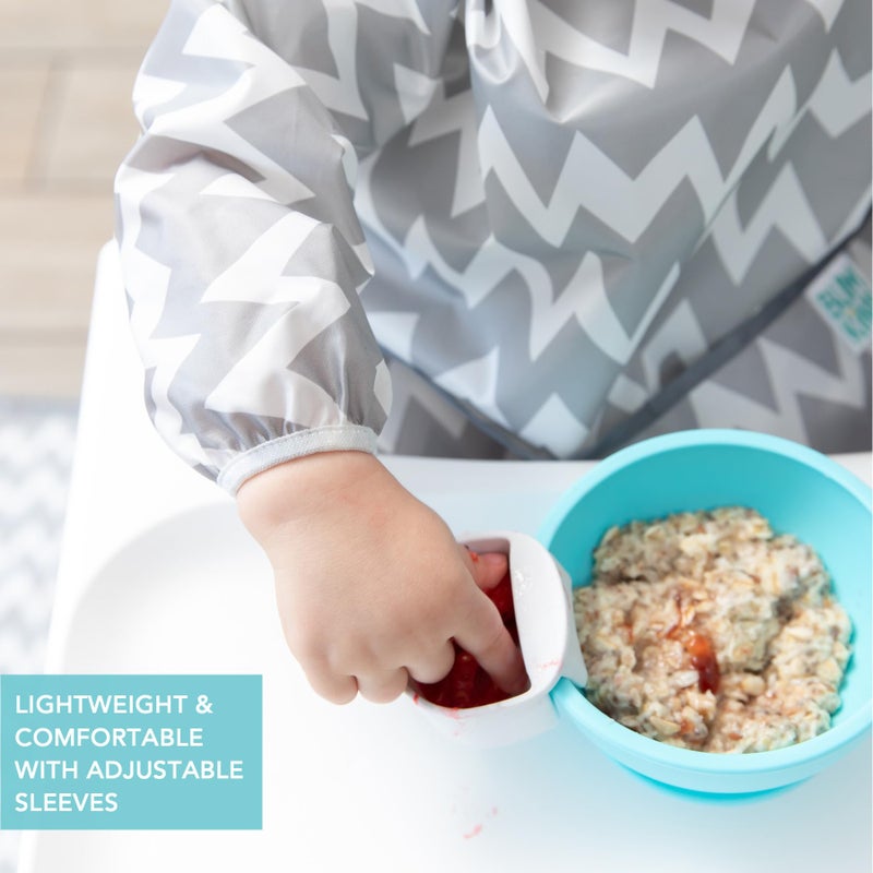 Bumkins Sleeved Bib for Girl or Boy, Baby and Toddler for 6-24 Mos, Essential Must Have for Eating, Feeding, Baby Led Weaning Supplies, Long Sleeve Mess Saving Food Catcher, Soft Fabric, Gray Chevron - Image 4