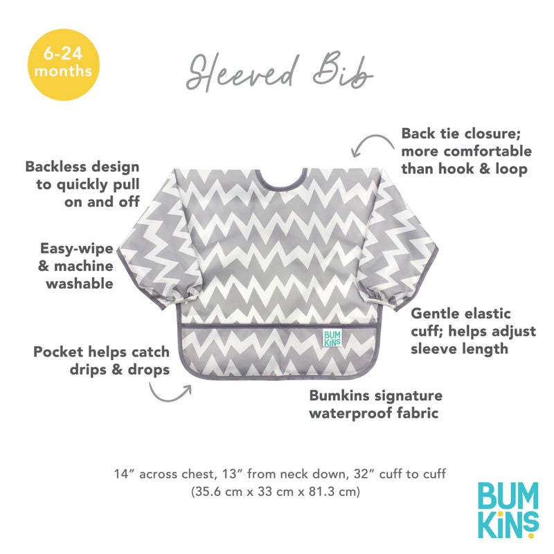 Bumkins Sleeved Bib for Girl or Boy, Baby and Toddler for 6-24 Mos, Essential Must Have for Eating, Feeding, Baby Led Weaning Supplies, Long Sleeve Mess Saving Food Catcher, Soft Fabric, Gray Chevron - Image 5