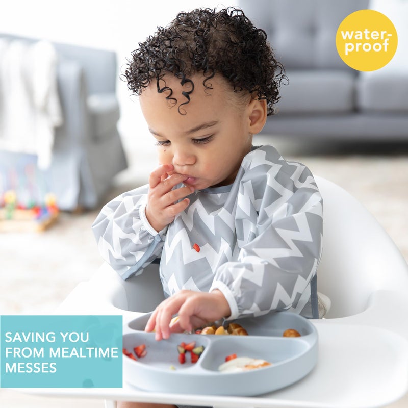 Bumkins Sleeved Bib for Girl or Boy, Baby and Toddler for 6-24 Mos, Essential Must Have for Eating, Feeding, Baby Led Weaning Supplies, Long Sleeve Mess Saving Food Catcher, Soft Fabric, Gray Chevron - Image 2