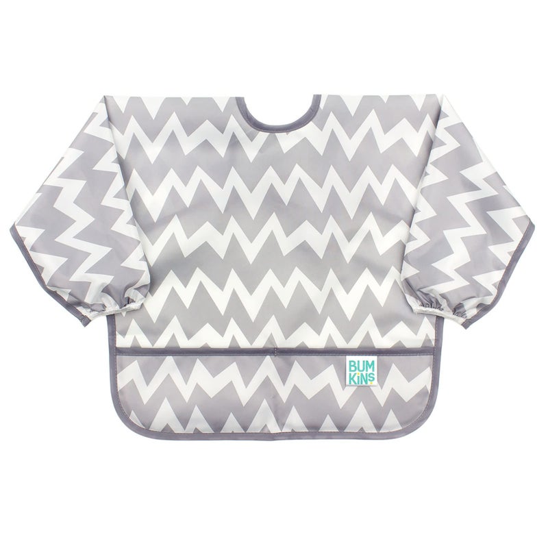 Bumkins Sleeved Bib for Girl or Boy, Baby and Toddler for 6-24 Mos, Essential Must Have for Eating, Feeding, Baby Led Weaning Supplies, Long Sleeve Mess Saving Food Catcher, Soft Fabric, Gray Chevron - Image 1