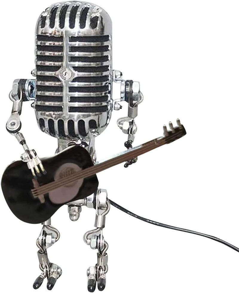 Vintage Microphone Robot Desk Lamp, Metal Microphone Robot Lamp with Mini Guitar, Vintage Light Home Decor Nightstand Desk Lamp for Bedroom, Bar, Restaurant (Black#)