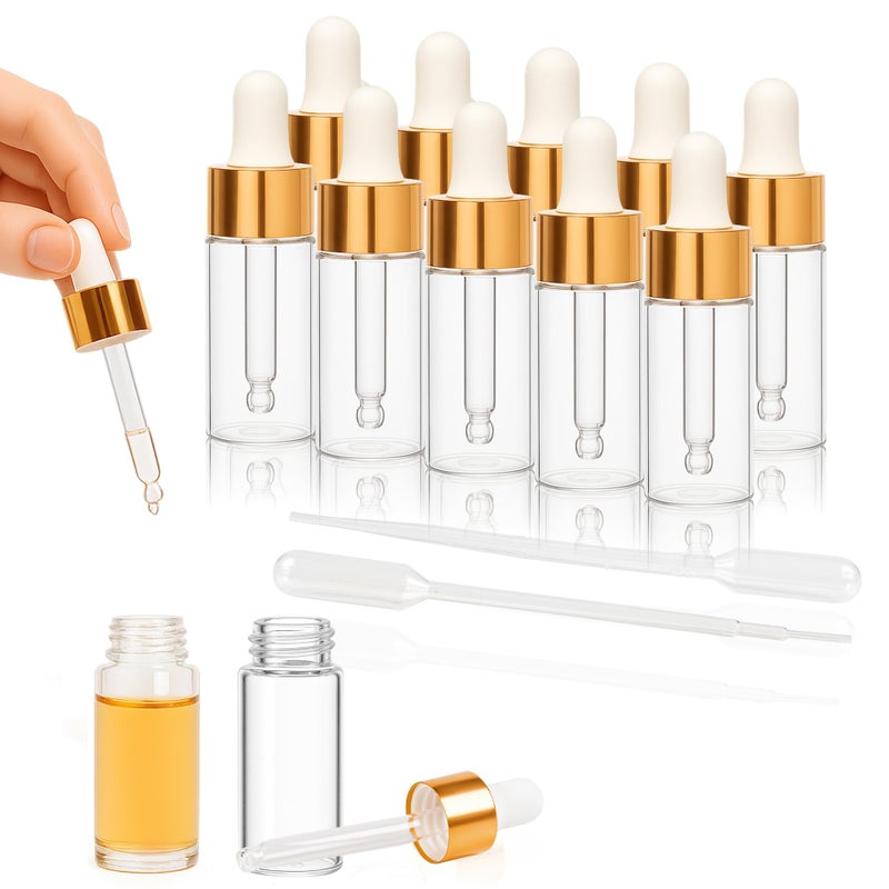 ETTSNU 10pcs Mini Glass Dropper Bottle for Essential Oil,1ml Small Clear Sample Dropper Vails with Gold Cap,Perfume Cosmetic Liquid Containers for Traveling (10ml, 10) - Image 1
