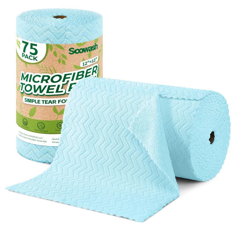 SOOWASH Microfiber Cleaning Cloths Roll, 75 Pack Tear Away Microfiber Towels Roll, 12" x 12" Lint Free Rags, Reusable Cleaning Cloths, Washable, Scratch Free,Ultra Absorbent Dish Rags(Blue Ripple) - Image 1