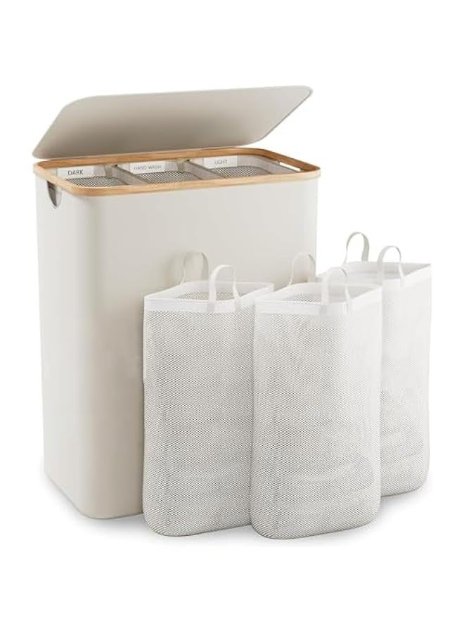 بيوينتي 140 لتر كبير جدا غسيل هامبر مع غطاء، سلة الغسيل مع 3 القسم، بيج الملابس القذرة هامبر لغرفة النوم، الحمام، هامبر لغسيل الملابس، منشفة، ملابس، بيج - Image 1