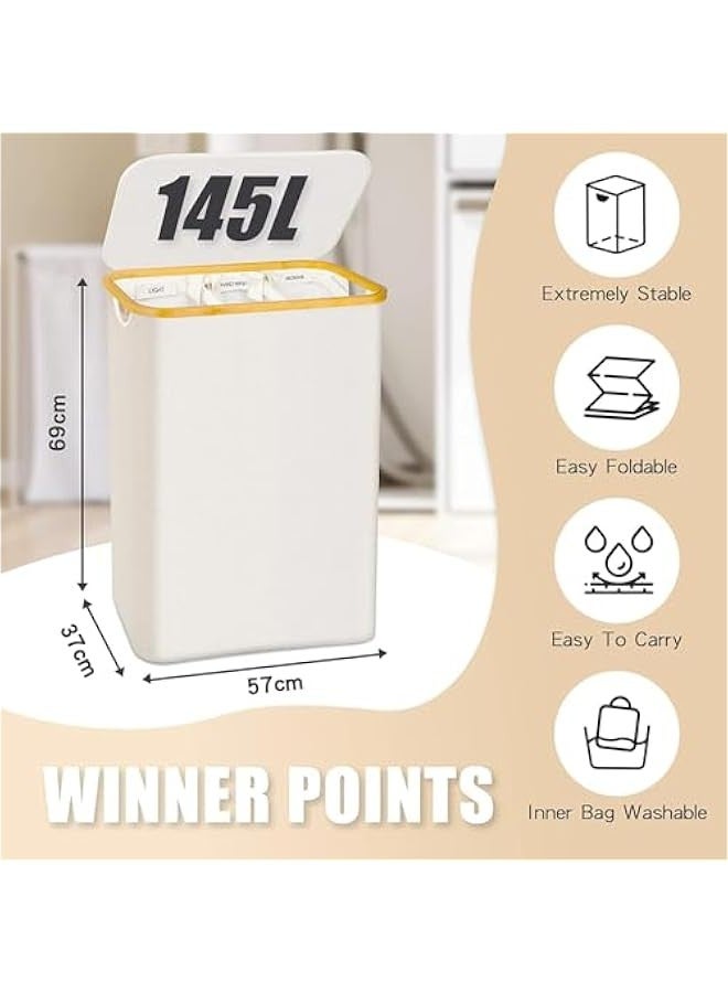 بيوينتي 140 لتر كبير جدا غسيل هامبر مع غطاء، سلة الغسيل مع 3 القسم، بيج الملابس القذرة هامبر لغرفة النوم، الحمام، هامبر لغسيل الملابس، منشفة، ملابس، بيج - Image 2