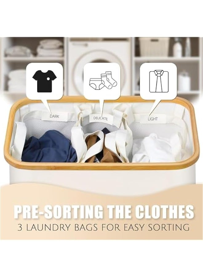 بيوينتي 140 لتر كبير جدا غسيل هامبر مع غطاء، سلة الغسيل مع 3 القسم، بيج الملابس القذرة هامبر لغرفة النوم، الحمام، هامبر لغسيل الملابس، منشفة، ملابس، بيج - Image 4