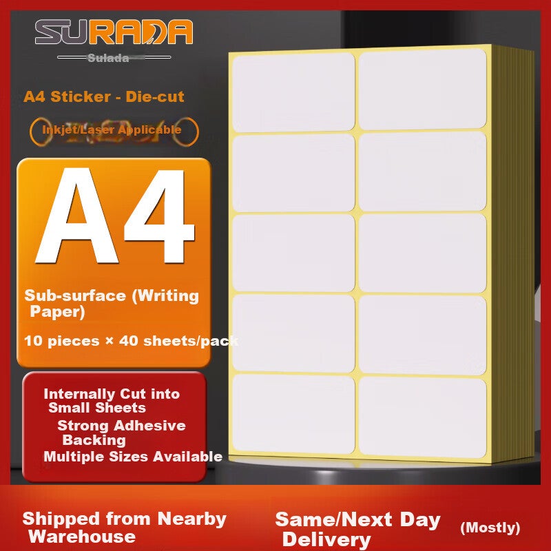 JD Jing Zao Surada A4/40 Self-Adhesive Printing Paper Divider, Label Sticker Self-Adhesive Paper, Inkjet Label Printing Sticker with Rounded Corners, 10 Pieces/Sheet (9656mm) BQ-0047 - Image 1