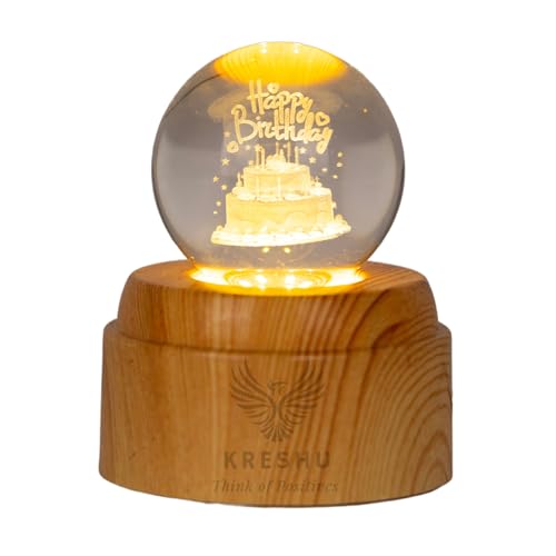 KRESHU Happy Birthday 3D Crystal Rotating Glass Ball Dimmable Warm LED Light Wooden Stand Luminous USB Cable Decoration Night Lights for Art Home Decoration Birthday Gift (Pack of 1) - Image 1