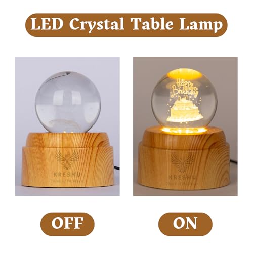 KRESHU Happy Birthday 3D Crystal Rotating Glass Ball Dimmable Warm LED Light Wooden Stand Luminous USB Cable Decoration Night Lights for Art Home Decoration Birthday Gift (Pack of 1) - Image 4