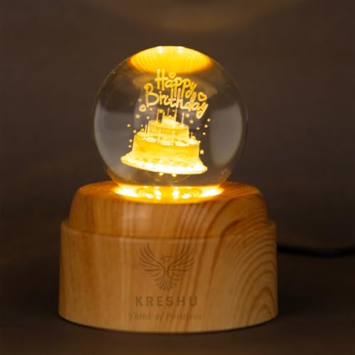 KRESHU Happy Birthday 3D Crystal Rotating Glass Ball Dimmable Warm LED Light Wooden Stand Luminous USB Cable Decoration Night Lights for Art Home Decoration Birthday Gift (Pack of 1) - Image 2