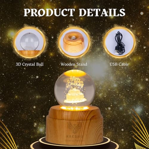 KRESHU Happy Birthday 3D Crystal Rotating Glass Ball Dimmable Warm LED Light Wooden Stand Luminous USB Cable Decoration Night Lights for Art Home Decoration Birthday Gift (Pack of 1) - Image 5