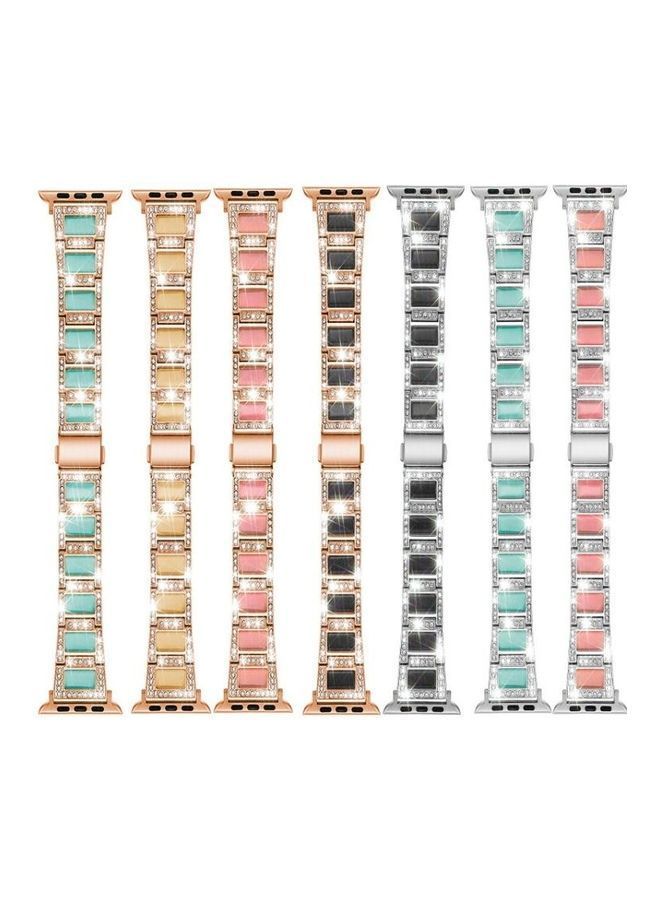 NIBEMINENT Three Beads Diamond Gemstone Replacement Strap Watchband For Apple Watch Series 1/2/3/4/5/6/7/SE 42-44-45mm Silver/Black - Image 2