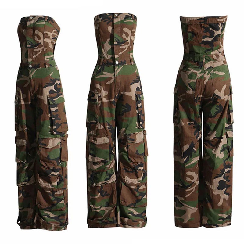 LKOUS Women's Straight Wide Leg Camo Jumpsuits Y2K Sleeveless Stretch Baggy Camouflage overalls Streetwear - Image 5