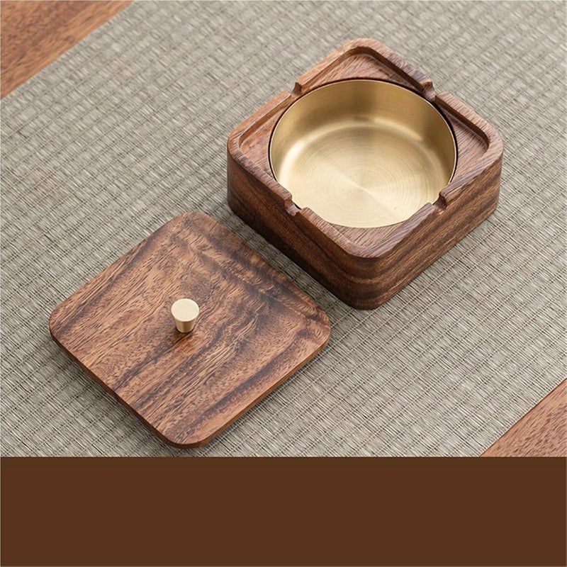 Walnut ashtray high-value walnut solid wood home living room high-end office with cover anti-fly grey(Walnut Ashtray-Golde,4pcs) - Image 3
