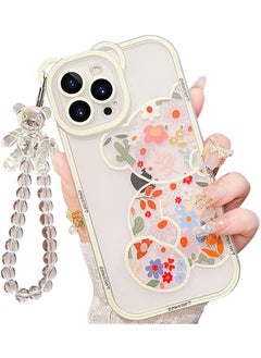 Compatible with iPhone 15 Pro Case, Cute Flowers Bear Camera Protector Clear Case Cover with Lovely Strap Bracelet Chain Girls Women Case for iPhone 15 Pro