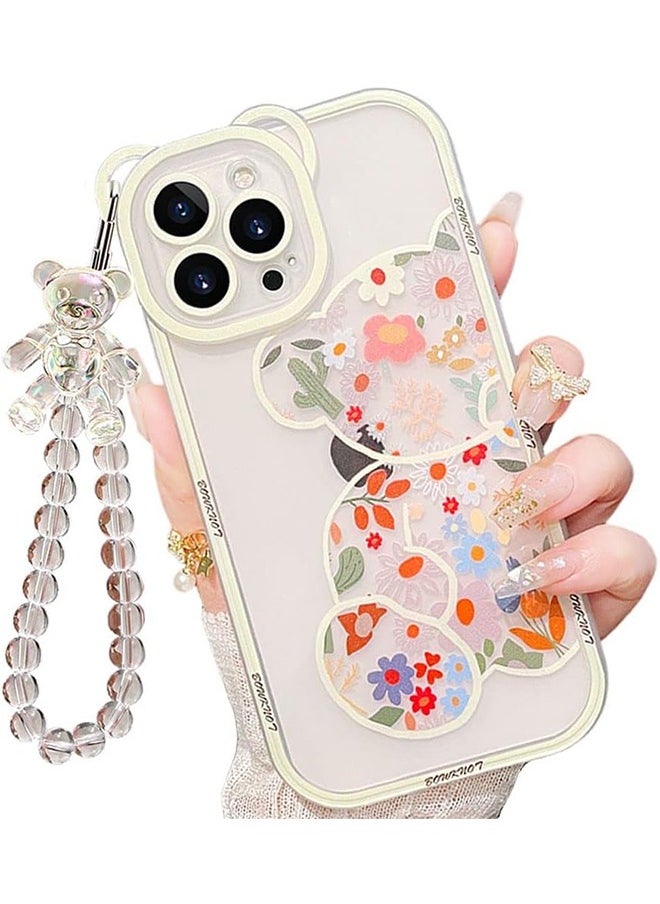 Unique - Compatible with iPhone 15 Pro Case, Cute Flowers Bear Camera Protector Clear Case Cover with Lovely Strap Bracelet Chain Girls Women Case for iPhone 15 Pro - Image 1