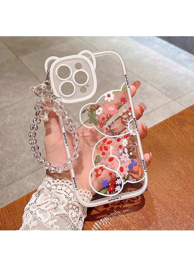 Unique - Compatible with iPhone 15 Pro Case, Cute Flowers Bear Camera Protector Clear Case Cover with Lovely Strap Bracelet Chain Girls Women Case for iPhone 15 Pro - Image 1