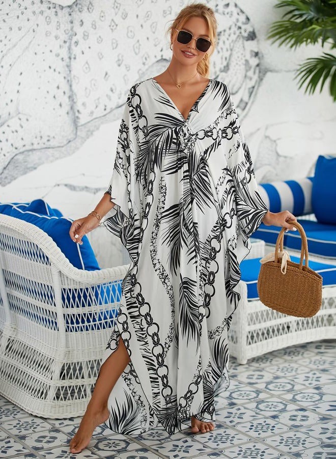 KECVOT Kaftan Maxi Dress for Women V-Neck Plus Size Boho Beach Cover Up for Resort and Loungewear, Chain Leaves on a White Background, One size - Image 3