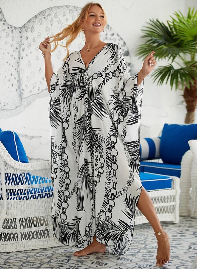 KECVOT Kaftan Maxi Dress for Women V-Neck Plus Size Boho Beach Cover Up for Resort and Loungewear, Chain Leaves on a White Background, One size - Image 5