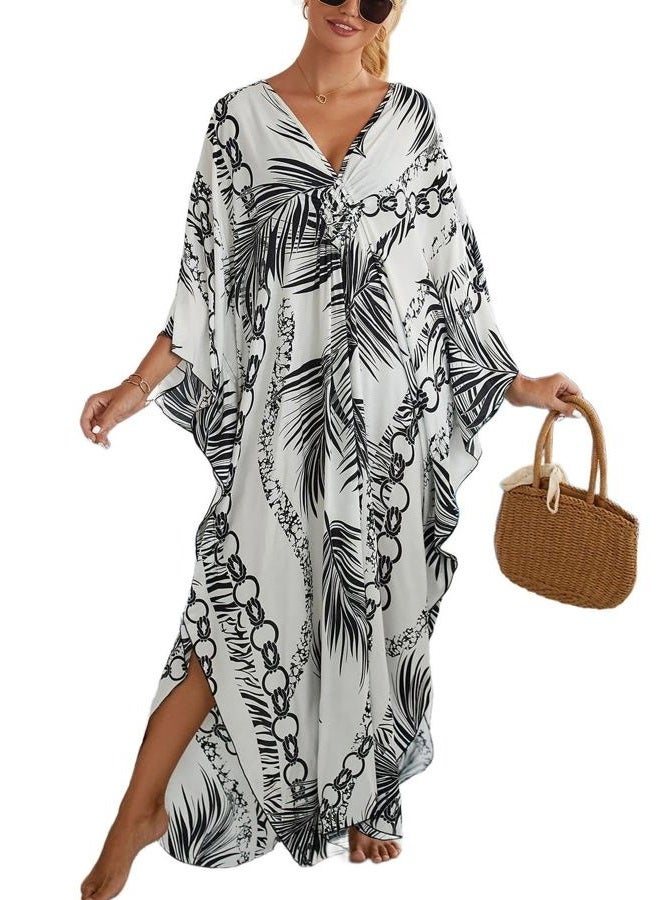 KECVOT Kaftan Maxi Dress for Women V-Neck Plus Size Boho Beach Cover Up for Resort and Loungewear, Chain Leaves on a White Background, One size - Image 1