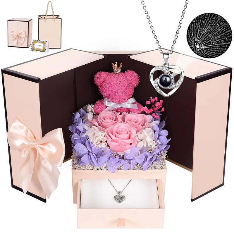 digi marker digi marker Preserved Rose Moss Bear with I Love You Necklace Roses Gifts for Women Girlfriend Wife Mom Grandma Christmas Valentines Mothers Day Birthday Anniversary Wedding
