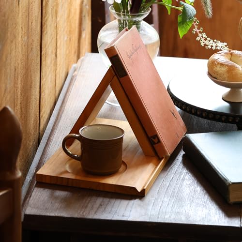 LITIVY Wooden Triangle Bookmark, Small Bookshelf with Drink Holder, Wood Book Reading Rest with Slotted, Book Corner Display Triangle Book Holder (Brown) - Image 4