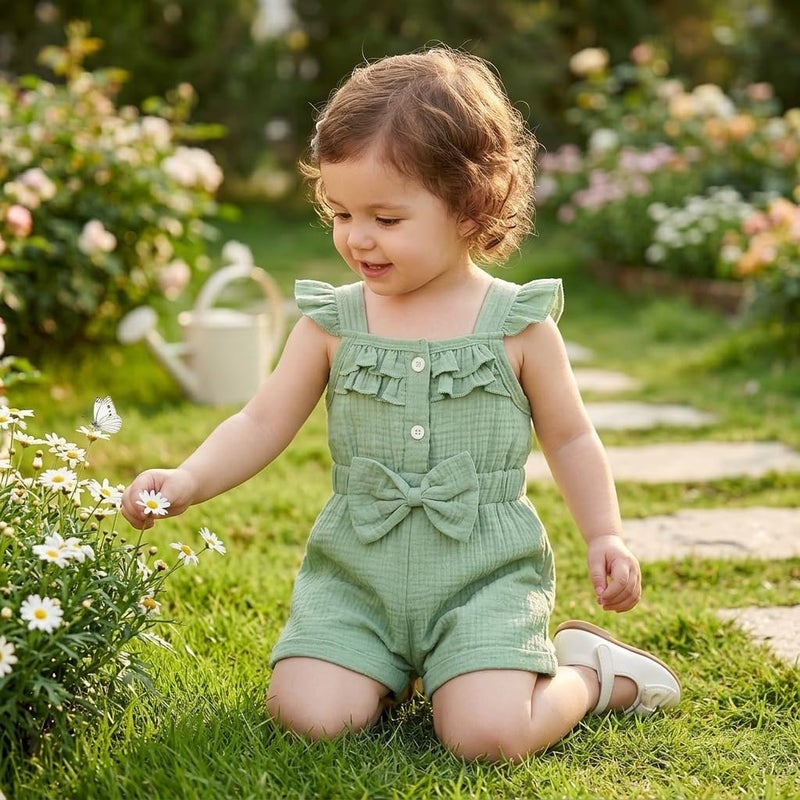 بدلة رومبر بناتية بلا أكمام مع حزام كتف مموج وزر وفيونكة وخصر مزخرف - Image 3