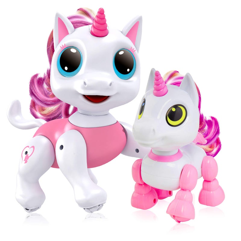 Power Your Fun Unicorn Robo Pets Toys 2pk - Unicorns Gifts for Girls and Kids (1) Unicorn STEM Toy Robot Interactive Hand Gestures or Remote Control to Move and (1) Mini Unicorn Automated Smart Robot - Image 1