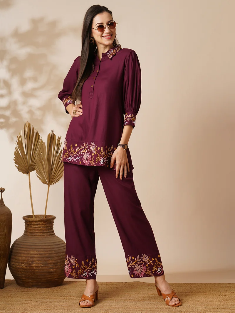globus Women Floral Embroidered Shirt Collar Cuffed Sleeves Top & Trousers
