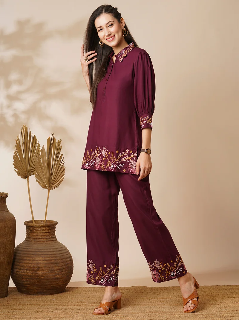 globus Women Floral Embroidered Shirt Collar Cuffed Sleeves Top & Trousers