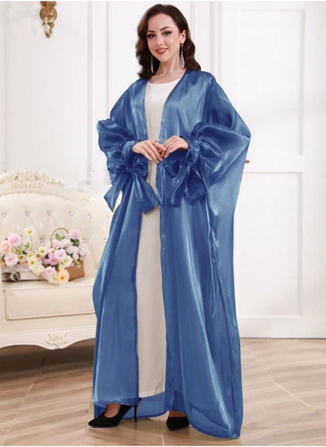 Loquat Women's Solid Color Puff Sleeve Abaya Elegant Long Cardigan Dark Blue 