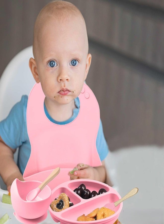 BIYALI Baby Feeding Set–6pc Silicone Baby Cutlery Set for Baby 6+ Months–Baby Suction Plate &Spoon Cutlery Set–Silicone bib & Bowl Baby Dining Set–Dishwasher Safe–Toddler Essentials (Light Pink) - Image 3