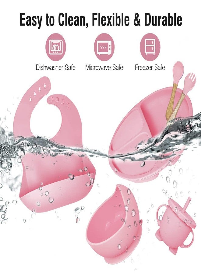 BIYALI Baby Feeding Set–6pc Silicone Baby Cutlery Set for Baby 6+ Months–Baby Suction Plate &Spoon Cutlery Set–Silicone bib & Bowl Baby Dining Set–Dishwasher Safe–Toddler Essentials (Light Pink) - Image 5