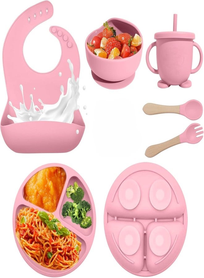 BIYALI Baby Feeding Set–6pc Silicone Baby Cutlery Set for Baby 6+ Months–Baby Suction Plate &Spoon Cutlery Set–Silicone bib & Bowl Baby Dining Set–Dishwasher Safe–Toddler Essentials (Light Pink) - Image 1